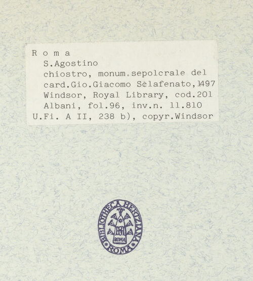 Rückseite von Bibliotheca Hertziana [https://www.deutsche-digitale-bibliothek.de/content/lizenzen/rv-ez/] Codex AlbaniGrabmal des Kardinals Giovanni Giacomo Sclafenato (1497) in Sant'Agostino, Rom - , bh343773_recto. Foto.