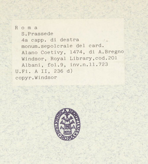 Rückseite von Bibliotheca Hertziana [https://www.deutsche-digitale-bibliothek.de/content/lizenzen/rv-ez/] Codex AlbaniGrabmal von Kardinal Alano Coetivy (1474) - , bh344236_recto. Foto.