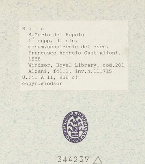 Rückseite von Bibliotheca Hertziana [https://www.deutsche-digitale-bibliothek.de/content/lizenzen/rv-ez/] Codex AlbaniGrabmal des Francesco Abondio Castiglioni (+ 1568) in Santa Maria del Popolo - , bh344237_recto. Foto.