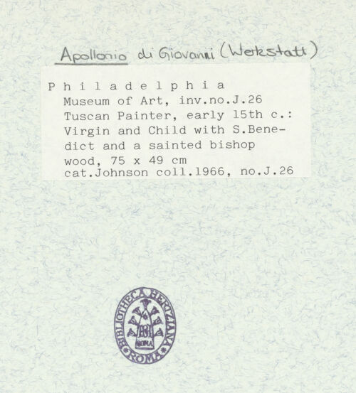 Rückseite von Philadelphia Museum of Art [https://www.deutsche-digitale-bibliothek.de/content/lizenzen/rv-ez/] Thronende Madonna mit Kind flankiert vom Heiligen Benedikt und einem Heiligen Bischof - , bh344596_recto. Foto.