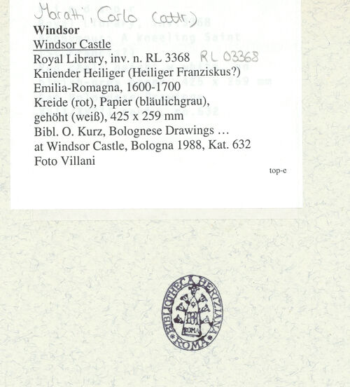 Rückseite von Villani [https://www.deutsche-digitale-bibliothek.de/content/lizenzen/rv-ez/] Kniender Heiliger (Heiliger Franziskus?) - , bh348570_recto. Foto.