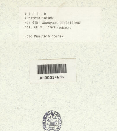 Rückseite von Kunstbibliothek [https://www.deutsche-digitale-bibliothek.de/content/lizenzen/rv-ez/] Codex Destailleur DS. Urbano della Caffarella: Schnitt und Aufriss der Längswand, Querschnitt durch die rechte Hälfte des Tempels mit Aufriss der Rückwand, Details zu Gesims, Kapitell und Gebälk - Oberes Teilblatt: Aufnahme eines korinthischen Kapitells, Profil eines Gebälks mit Polsterfries, Konsolgesims, Profil einer Basis, bh350442_recto. Foto.