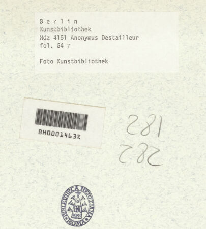 Rückseite von Kunstbibliothek [https://www.deutsche-digitale-bibliothek.de/content/lizenzen/rv-ez/] Codex Destailleur DPorticus Octaviae: Grundriss und Aufriss des Portikus sowie Profile von Archivolte und Gesims - , bh350463_recto. Foto.