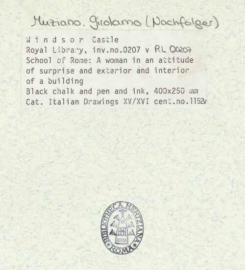 Rückseite von Royal Collection Enterprises Limited [https://www.deutsche-digitale-bibliothek.de/content/lizenzen/rv-ez/] Skizze einer Frau und Ansichten eines Gebäudes - , bh354701_recto. Foto.