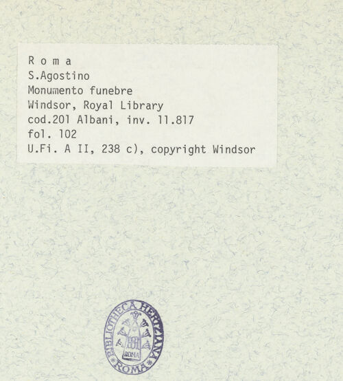 Rückseite von Bibliotheca Hertziana [https://www.deutsche-digitale-bibliothek.de/content/lizenzen/rv-ez/] Codex AlbaniWandgrab in Sant'Agostino - , bh359582_recto. Foto.