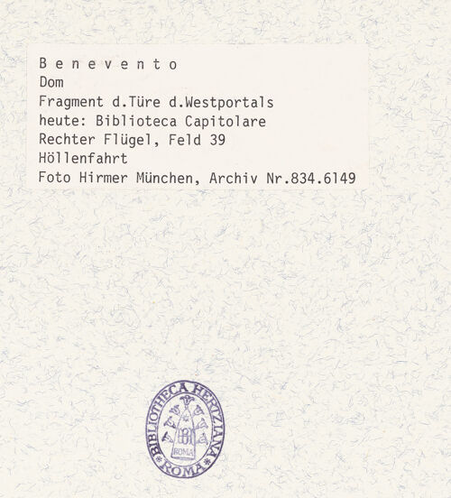 Rückseite von Hirmer [https://www.deutsche-digitale-bibliothek.de/content/lizenzen/rv-ez/] Portal mit Szenen aus dem Leben Christi und BischöfeHöllenfahrt (Anastasis) - Gesamtansicht (nach den Bombentreffern), bh360843_recto. Foto: Hirmer, Albert.