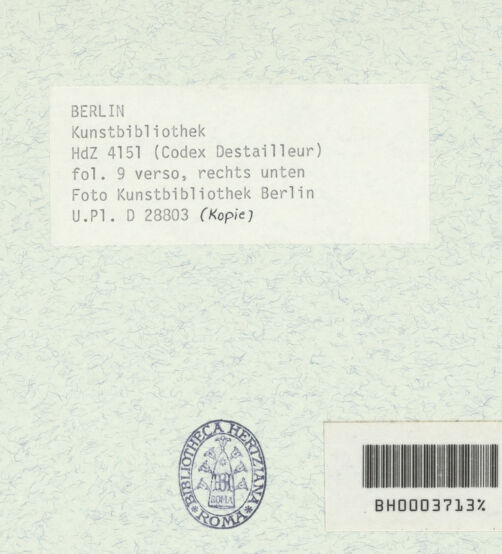 Rückseite von Bibliotheca Hertziana [https://www.deutsche-digitale-bibliothek.de/content/lizenzen/rv-ez/] Codex Destailleur DNerva-Forum: Konsolgebälk, gegenständliche Ornamente in zwei Registern, korinthisches Pilasterkapitell - untere Blatthälfte, bh367988_recto. Foto.