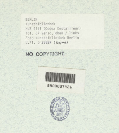 Rückseite von Bibliotheca Hertziana [https://www.deutsche-digitale-bibliothek.de/content/lizenzen/rv-ez/] Codex Destailleur DS. Urbano della Caffarella: Schnitt durch den Tempel und Aufriss der Längswand, Grundriss des Tempels - Oberes Teilblatt: Schnitt durch den Tempel, Aufriss der Längswand mit Details, bh367997_recto. Foto.