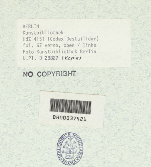 Rückseite von Bibliotheca Hertziana [https://www.deutsche-digitale-bibliothek.de/content/lizenzen/rv-ez/] Codex Destailleur DS. Urbano della Caffarella: Schnitt durch den Tempel und Aufriss der Längswand, Grundriss des Tempels - Oberes Teilblatt: Schnitt durch den Tempel, Aufriss der Längswand mit Details, bh367997_recto. Foto.