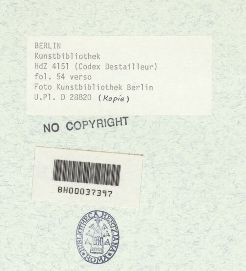 Rückseite von Bibliotheca Hertziana [https://www.deutsche-digitale-bibliothek.de/content/lizenzen/rv-ez/] Codex Destailleur DTitus-Bogen: Teilwiedergabe der Inschrift - , bh368000_recto. Foto.