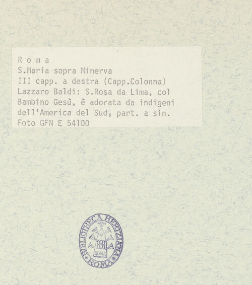 Rückseite von ICCD [https://www.deutsche-digitale-bibliothek.de/content/lizenzen/rv-ez/] Leben und Verherrlichung der Heiligen Rosa von LimaDie Heilige Rosa von Lima wird von Bewohnern (bzw. Personifikationen) des südamerikanischen Kontinents verehrt - Detail: Frau mit Kindern links zu Füßen der Heiligen  Gesamtansicht, bh368611_recto. Foto.