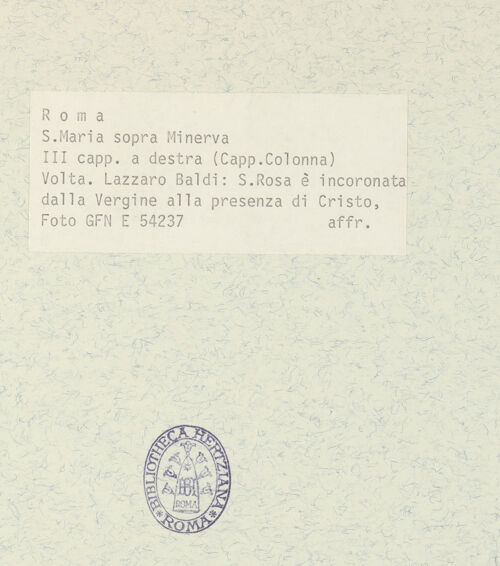 Rückseite von ICCD [https://www.deutsche-digitale-bibliothek.de/content/lizenzen/rv-fz/] Leben und Verherrlichung der Heiligen Rosa von LimaKrönung der Heiligen Rosa von Lima durch Maria und Christus - Gesamtansicht, bh368617_recto. Foto.