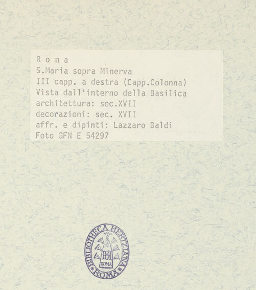 Rückseite von ICCD [https://www.deutsche-digitale-bibliothek.de/content/lizenzen/rv-ez/] Santa Maria sopra MinervaCappella (Sciarra-) Colonna - Gesamtansicht, bh368625_recto. Foto.