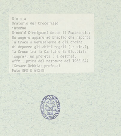 Rückseite von ICCD [https://www.deutsche-digitale-bibliothek.de/content/lizenzen/rv-ez/] Szenen aus der Geschichte des heiligen Kreuzes und des OratoriumsEin Engel erscheint Kaiser Heraclius beim Einzug nach Jerusalem - , bh369394_recto. Foto.