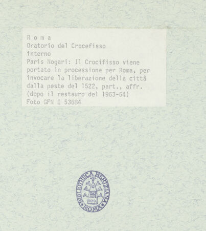 Rückseite von ICCD [https://www.deutsche-digitale-bibliothek.de/content/lizenzen/rv-ez/] Szenen aus der Geschichte des heiligen Kreuzes und des OratoriumsKreuzesprozession zur Pestepidemie 1522 - Detail; nach der Restaurierung von 1963-64, bh369395_recto. Foto.