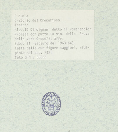 Rückseite von ICCD [https://www.deutsche-digitale-bibliothek.de/content/lizenzen/rv-ez/] Szenen aus der Geschichte des heiligen Kreuzes und des OratoriumsPropheten - nach der Restaurierung von 1963-64, bh369403_recto. Foto.