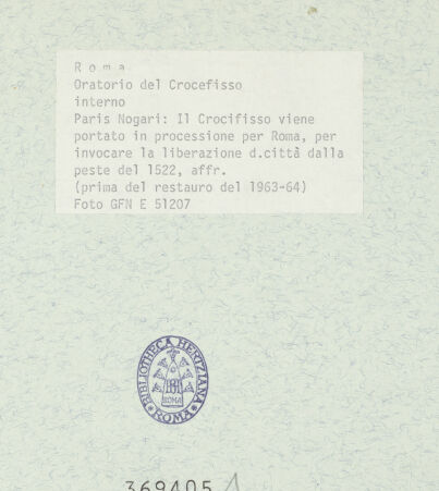 Rückseite von ICCD [https://www.deutsche-digitale-bibliothek.de/content/lizenzen/rv-ez/] Szenen aus der Geschichte des heiligen Kreuzes und des OratoriumsKreuzesprozession zur Pestepidemie 1522 - Detail; nach der Restaurierung von 1963-64, bh369405_recto. Foto.