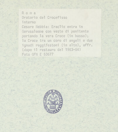 Rückseite von ICCD [https://www.deutsche-digitale-bibliothek.de/content/lizenzen/rv-ez/] Szenen aus der Geschichte des heiligen Kreuzes und des OratoriumsHeraclius trägt das Kreuz im Büßergewand nach Jerusalem - Detail; nach der Restaurierung von 1963-64, bh369406_recto. Foto.