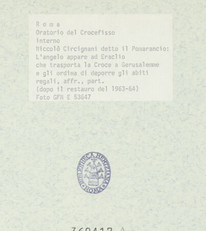 Rückseite von ICCD [https://www.deutsche-digitale-bibliothek.de/content/lizenzen/rv-ez/] Szenen aus der Geschichte des heiligen Kreuzes und des OratoriumsEin Engel erscheint Kaiser Heraclius beim Einzug nach Jerusalem - Detail; nach der Restaurierung 1963-1964, bh369417_recto. Foto.