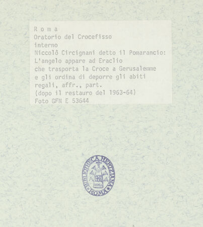 Rückseite von ICCD [https://www.deutsche-digitale-bibliothek.de/content/lizenzen/rv-ez/] Szenen aus der Geschichte des heiligen Kreuzes und des OratoriumsEin Engel erscheint Kaiser Heraclius beim Einzug nach Jerusalem - Detail; nach der Restaurierung 1963-1964, bh369418_recto. Foto.