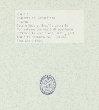 Rückseite von ICCD [https://www.deutsche-digitale-bibliothek.de/content/lizenzen/rv-ez/] Szenen aus der Geschichte des heiligen Kreuzes und des OratoriumsHeraclius trägt das Kreuz im Büßergewand nach Jerusalem - Detail; nach der Restaurierung von 1963-64, bh369420_recto. Foto.