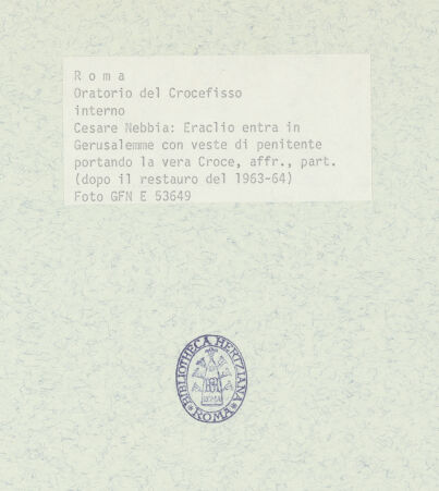 Rückseite von ICCD [https://www.deutsche-digitale-bibliothek.de/content/lizenzen/rv-ez/] Szenen aus der Geschichte des heiligen Kreuzes und des OratoriumsHeraclius trägt das Kreuz im Büßergewand nach Jerusalem - Detail; nach der Restaurierung von 1963-64, bh369423_recto. Foto.