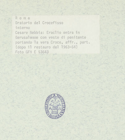 Rückseite von ICCD [https://www.deutsche-digitale-bibliothek.de/content/lizenzen/rv-ez/] Szenen aus der Geschichte des heiligen Kreuzes und des OratoriumsHeraclius trägt das Kreuz im Büßergewand nach Jerusalem - Detail; nach der Restaurierung von 1963-64, bh369424_recto. Foto.