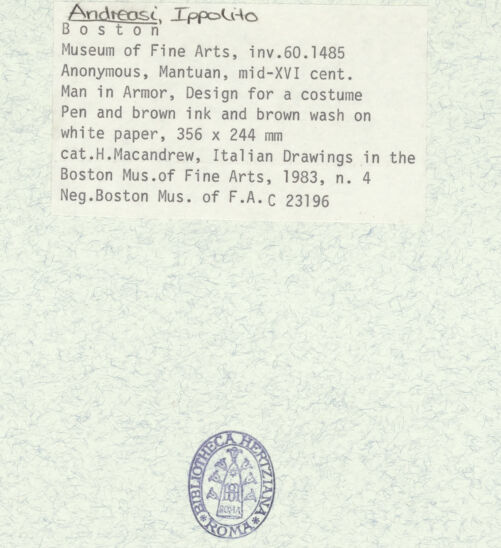 Rückseite von Museum of Fine Arts Boston [https://www.deutsche-digitale-bibliothek.de/content/lizenzen/rv-ez/] Mann in einer Rüstung, Entwurf für ein Kostüm - , bh372755_recto. Foto.