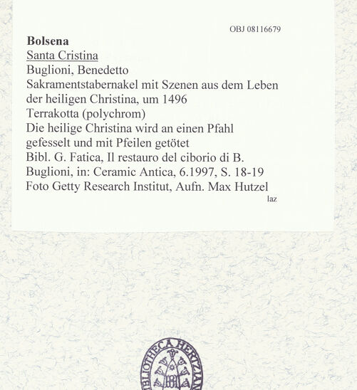 Rückseite von Getty Research Institute [https://www.deutsche-digitale-bibliothek.de/content/lizenzen/rv-ez/] Sakramentstabernakel mit Szenen aus dem Leben der heiligen ChristinaDie heilige Christina wird an einen Pfahl gefesselt und mit Pfeilen getötet - Gesamtansicht, bh373749_recto. Foto: Hutzel, Max.