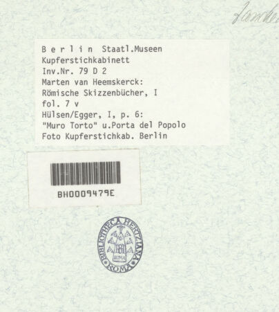 Rückseite von Kupferstichkabinett Berlin SMB-PK [https://www.deutsche-digitale-bibliothek.de/content/lizenzen/rv-ez/] Heemskerck-Album IAnsicht des Muro Torto und der Porta del Popolo - , bh376123_recto. Foto.