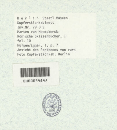 Rückseite von Kupferstichkabinett Berlin SMB-PK [https://www.deutsche-digitale-bibliothek.de/content/lizenzen/rv-ez/] Heemskerck-Album IAnsicht des Pantheon - , bh376129_recto. Foto.