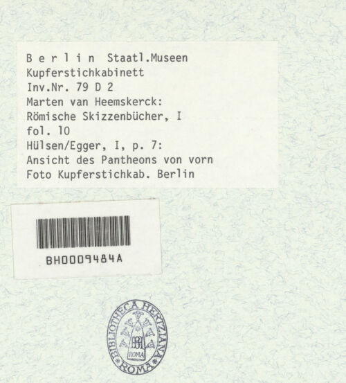 Rückseite von Kupferstichkabinett Berlin SMB-PK [https://www.deutsche-digitale-bibliothek.de/content/lizenzen/rv-ez/] Heemskerck-Album IAnsicht des Pantheon - , bh376129_recto. Foto.