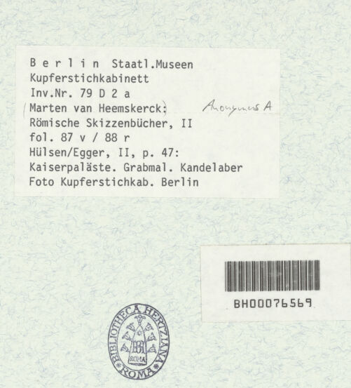 Rückseite von Kupferstichkabinett Berlin SMB-PK [https://www.deutsche-digitale-bibliothek.de/content/lizenzen/rv-ez/] Heemskerck-Album IIKaiserpaläste auf dem Palatin und Skizzen eines Grabmals, Gebälkprofile und Kandelaber (zweite Foliierung) - Zustand der Folierung 1988: 87 r & 88 r, bh376162_recto. Foto.