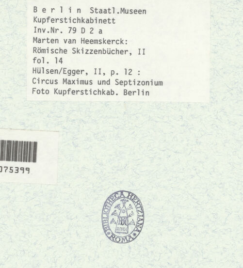 Rückseite von Kupferstichkabinett Berlin SMB-PK [https://www.deutsche-digitale-bibliothek.de/content/lizenzen/rv-ez/] Heemskerck-Album IICircus Maximus und Septizonium Severi - , bh376200_recto. Foto.