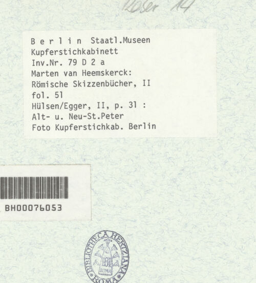 Rückseite von Kupferstichkabinett Berlin SMB-PK [https://www.deutsche-digitale-bibliothek.de/content/lizenzen/rv-ez/] Heemskerck-Album IISankt Peter von Südosten - , bh376247_recto. Foto.