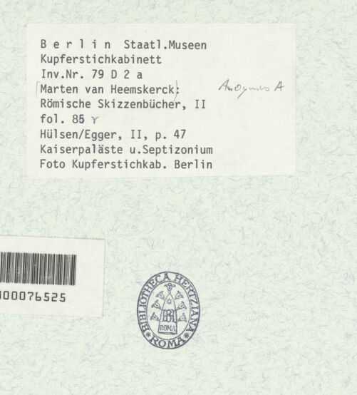 Rückseite von Kupferstichkabinett Berlin SMB-PK [https://www.deutsche-digitale-bibliothek.de/content/lizenzen/rv-ez/] Heemskerck-Album IICaldarium der Diokletiansthermen und Septizonium Severi (zweite Foliierung) - Zustand der Folierung 1988: 84 v & 85 r, bh376261_recto. Foto.