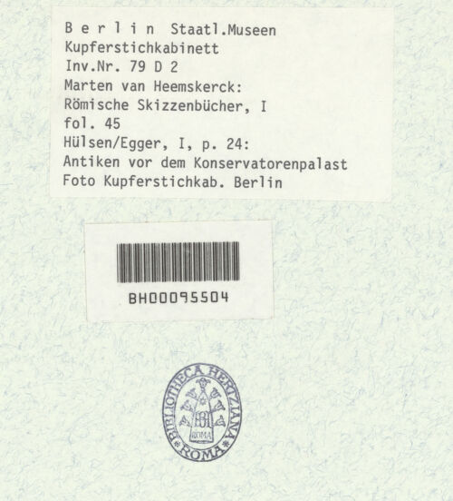 Rückseite von Kupferstichkabinett Berlin SMB-PK [https://www.deutsche-digitale-bibliothek.de/content/lizenzen/rv-ez/] Heemskerck-Album IAntiken vor dem Konservatorenpalast - , bh376341_recto. Foto.