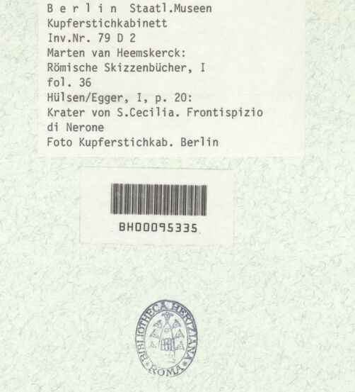 Rückseite von Kupferstichkabinett Berlin SMB-PK [https://www.deutsche-digitale-bibliothek.de/content/lizenzen/rv-ez/] Heemskerck-Album ICantharus von Santa Cecilia in Trastevere und Frontespizio di Nerone - , bh376814_recto. Foto.