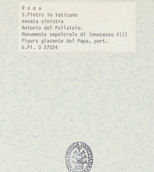 Rückseite von Bibliotheca Hertziana [https://www.deutsche-digitale-bibliothek.de/content/lizenzen/rv-fz/] Grabmonument Papst Innozenz VIII.Sarkophag mit Gisant - Gisant, Detail: Oberkörper in Aufsicht, bh377241_recto. Foto: Fichera, Gabriele.