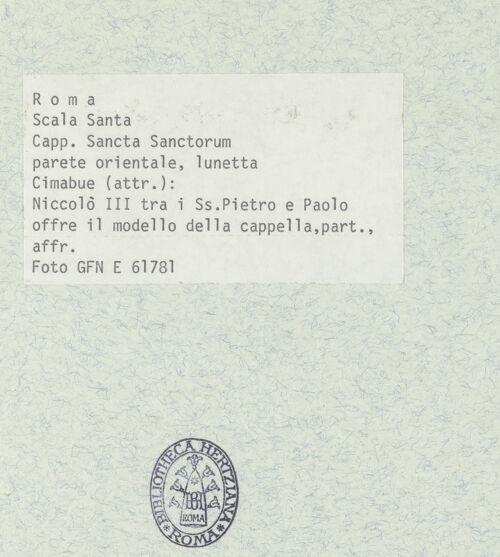 Rückseite von ICCD (GFN) [https://www.deutsche-digitale-bibliothek.de/content/lizenzen/rv-ez/] FreskenzyklusPapst Nikolaus III., in Begleitung von Petrus und Paulus, präsentiert das Modell von Sancta Sanctorum - Detail: Paulus und Papst, bh377867_recto. Foto.