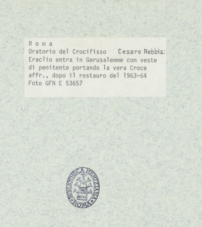 Rückseite von ICCD [https://www.deutsche-digitale-bibliothek.de/content/lizenzen/rv-ez/] Szenen aus der Geschichte des heiligen Kreuzes und des OratoriumsHeraclius trägt das Kreuz im Büßergewand nach Jerusalem - gesamt; nach der Restaurierung von 1963-64, bh378219_recto. Foto.