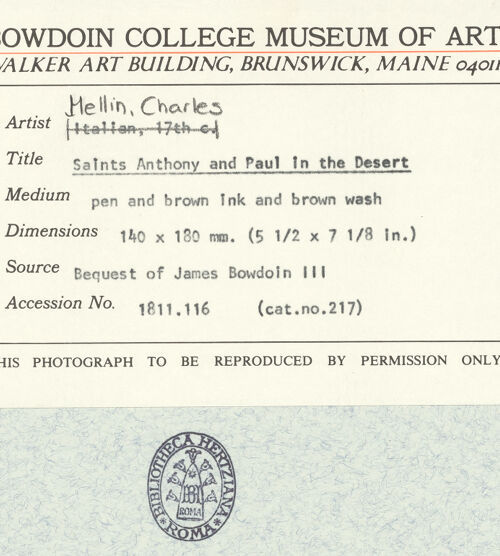 Rückseite von Bowdoin College Museum of Art [https://www.deutsche-digitale-bibliothek.de/content/lizenzen/rv-ez/] Der Heilige Antonius sucht den Heiligen Paulus in der Wüste auf - , bh378317_recto. Foto.