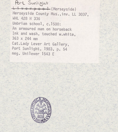 Rückseite von Lady Lever Art Gallery? [https://www.deutsche-digitale-bibliothek.de/content/lizenzen/rv-ez/] Ein bewaffneter Ritter auf einem Pferd - , bh379156_recto. Foto.