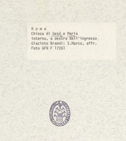 Rückseite von ICCD [https://www.deutsche-digitale-bibliothek.de/content/lizenzen/rv-ez/] Deckengemälde mit Gottvater und Maria mit dem Kind umgeben von Bildfeldern mit Heiligen, Seligen und EvangelistenDer Evangelist Markus - Bildfeld, darüber Akanthusornament, bh379914_recto. Foto.