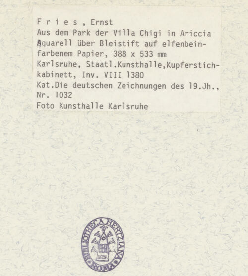 Rückseite von Staatliche Kunsthalle [https://www.deutsche-digitale-bibliothek.de/content/lizenzen/rv-fz/] Aus dem Park der Villa Chigi in Ariccia - , bh381434_recto. Foto.