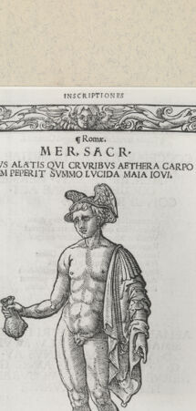 Rückseite von  [http://creativecommons.org/publicdomain/mark/1.0/] Apianus, Petrus (Herausgeber): Inscriptiones sacrosanctae vetustatis, Ingolstadt 1534, Tafel 230: Statue eines Merkur, Holzschnitt - , bh381898. Foto.