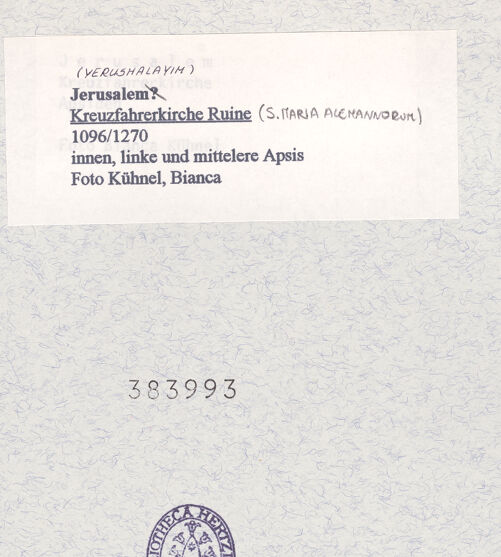 Rückseite von Kühnel, Bianca [https://rightsstatements.org/page/CNE/1.0/] Kreuzfahrerkirche (Santa Maria Alemannorum) - innen, linke und mittelere Apsis, bh383993_recto. Foto.