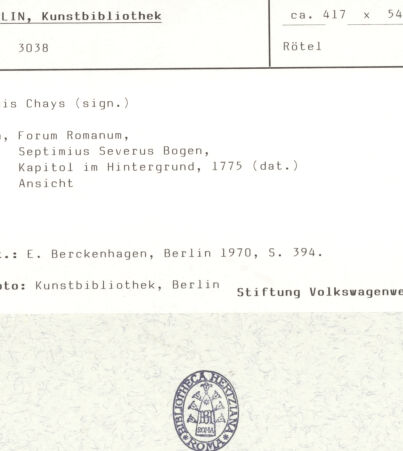 Rückseite von Kunstbibliothek [http://creativecommons.org/publicdomain/mark/1.0/] Ansicht des Forum Romanum, Septimus Severus Bogens und San Giuseppe dei Falegnami, im Hintergrund das Kapitol - , bh386065_recto. Foto.