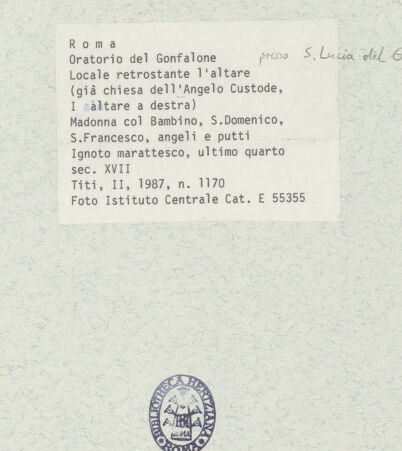 Rückseite von ICCD [https://www.deutsche-digitale-bibliothek.de/content/lizenzen/rv-ez/] Madonna mit den heiligen Dominikus und Franziskus - , bh387022_recto. Foto.