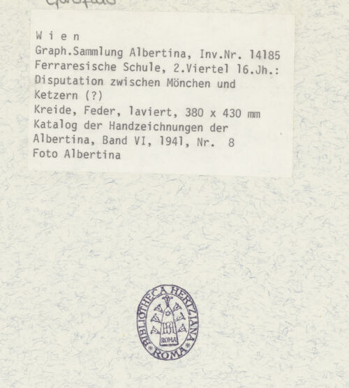 Rückseite von Albertina [https://www.deutsche-digitale-bibliothek.de/content/lizenzen/rv-ez/] Dominikanermönche diskutieren die Lehrinhalte - , bh394902_recto. Foto.